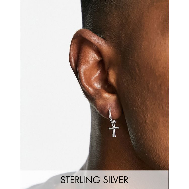 ASOS DESIGN sterling silver hoop earrings with ankh in silver