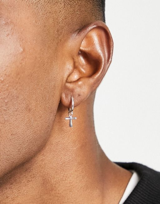 ASOS DESIGN sterling silver hoop earrings with ankh in silver