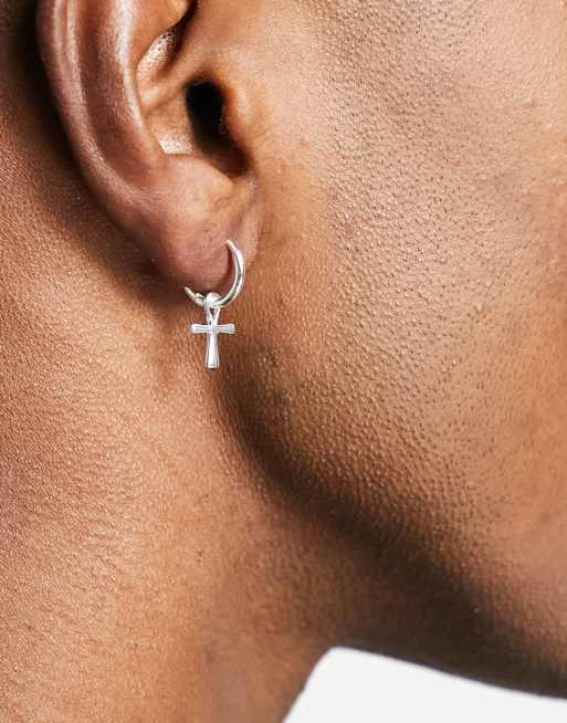 ASOS DESIGN sterling silver hoop earrings with ankh in silver