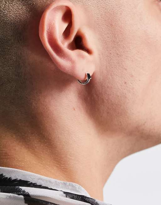 ASOS DESIGN sterling silver hoop earrings with black enamel in silver tone, 3 of 4