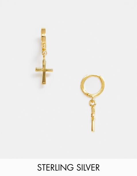 ASOS DESIGN sterling silver hoop earrings with crosses and 14k gold plate - view 1