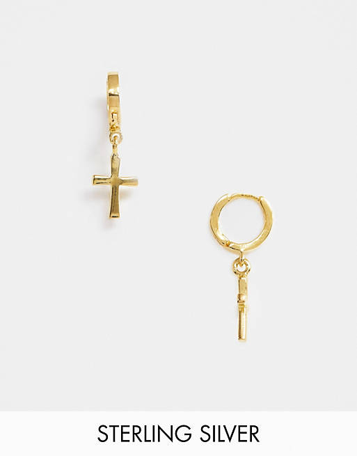 ASOS DESIGN sterling silver hoop earrings with crosses and 14k gold plate