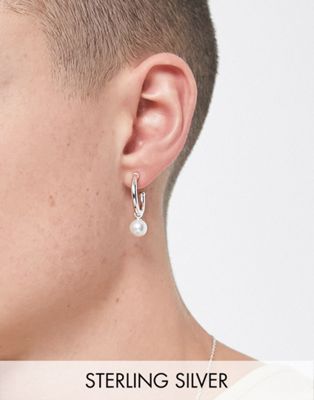ASOS DESIGN sterling silver hoop earrings with dropped faux pearl