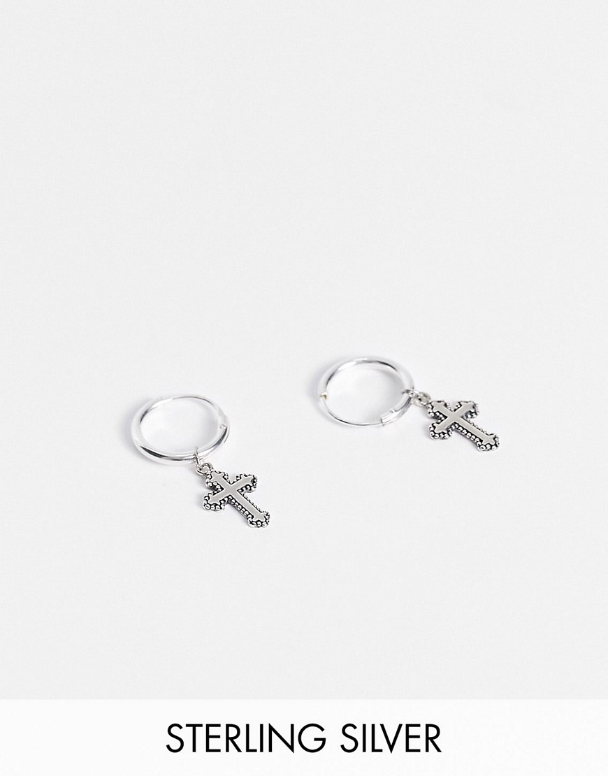 ASOS DESIGN sterling silver hoop earrings with gothic crosses
