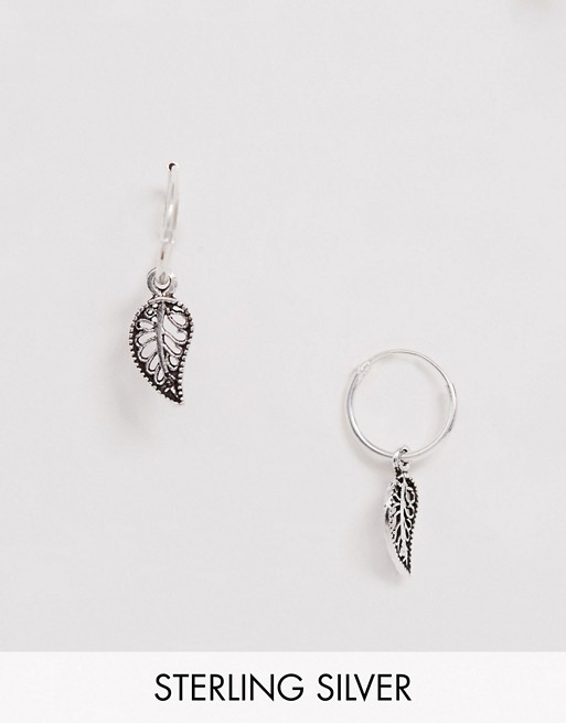 ASOS DESIGN sterling silver hoop earrings with hanging leaf charm