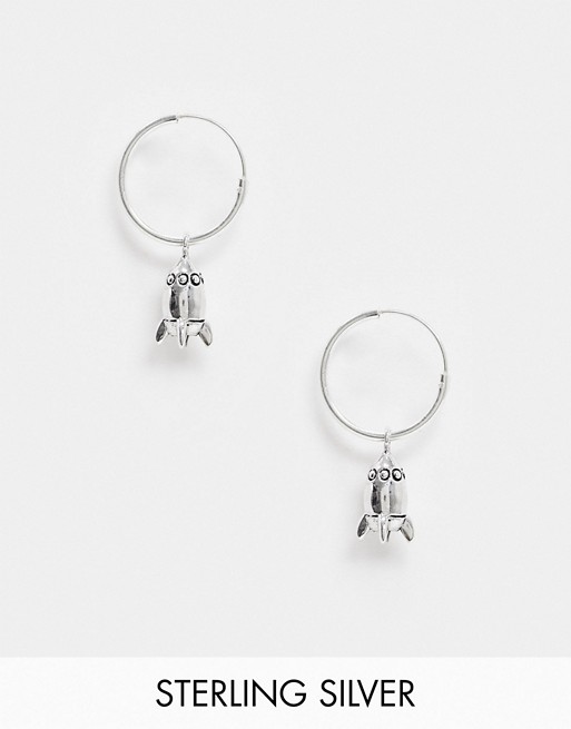 ASOS DESIGN sterling silver hoop earrings with space ship charms