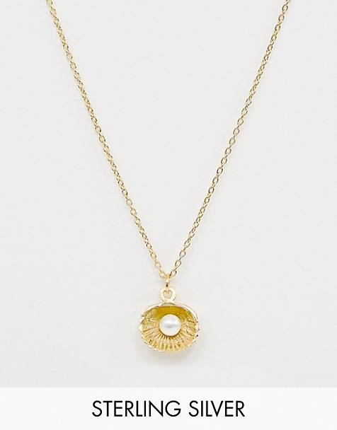 ASOS DESIGN sterling silver in gold plate necklace with pearl and shell