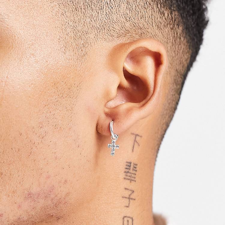Asos Men Accessories Jewelry Earrings Hoop Sterling mini hoop earring with crystal crosses 