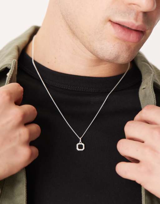 ASOS DESIGN Sterling silver onyx semi-p octagon pendant necklace in silver