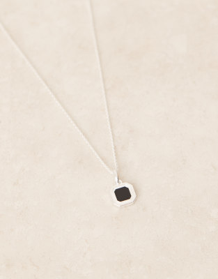 Asos Design Sterling Silver Onyx Semi-precious Octagon Pendant Necklace In Metallic
