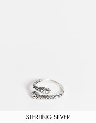 Asos Design Sterling Silver Pinky Ring With Snake Design In Burnished Silver