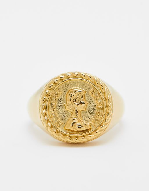 ASOS DESIGN sterling silver pinky signet ring with coin design in 14k gold plate, 3 of 4