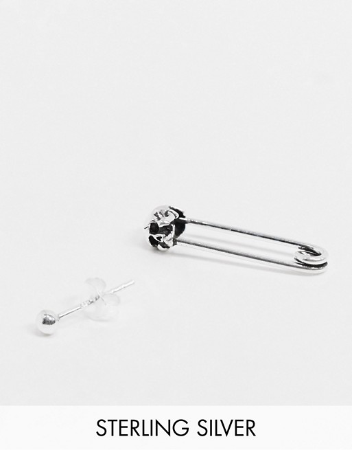 ASOS DESIGN sterling silver safety pin earring with skulls and stud