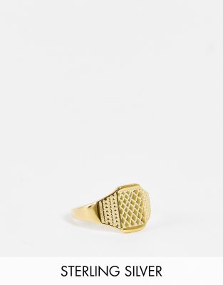 ASOS DESIGN STERLING SILVER SIGNET RING CRISSCROSS EMBOSS IN 14K GOLD PLATE 