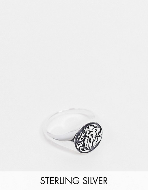 ASOS DESIGN sterling silver signet ring with 90s wolf design
