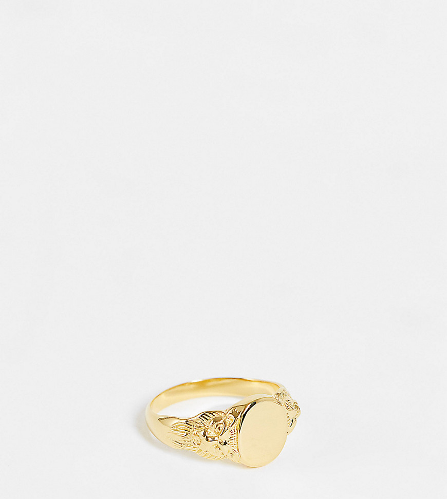 ASOS DESIGN sterling silver signet ring with floral emboss in 14k gold plate