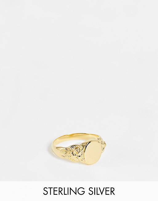 asos.com | ASOS DESIGN sterling silver signet ring with floral emboss in 14k gold plate