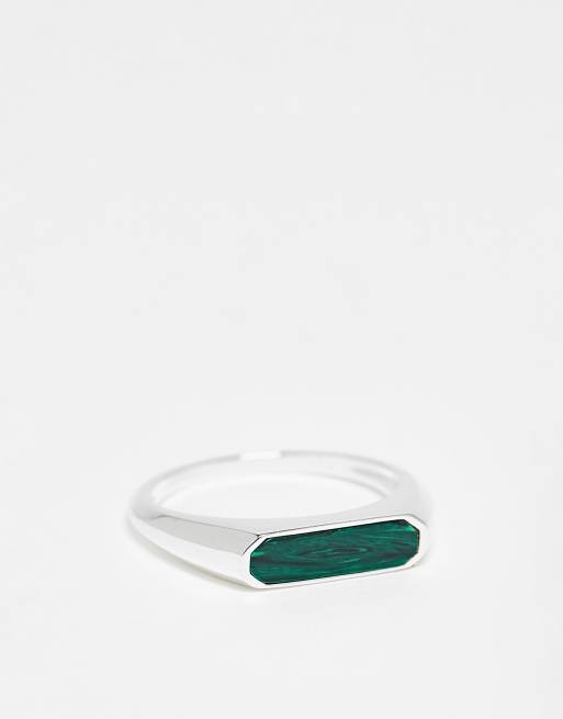 ASOS DESIGN sterling silver signet ring with green stone detail in silver tone