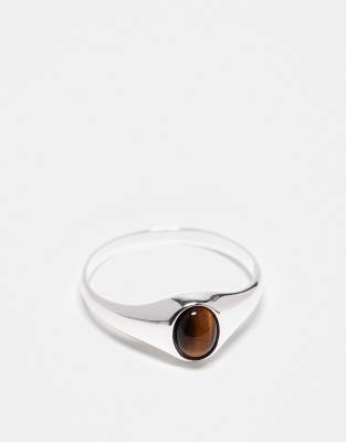 ASOS DESIGN sterling silver signet ring with semi-precious tigers eye stone in silver - view 1