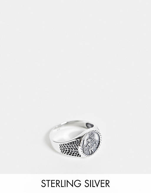 ASOS DESIGN sterling silver signet ring with St Christopher design in burnished silver