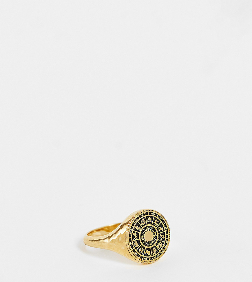 ASOS DESIGN sterling silver signet ring with zodiac design in 14k gold plate