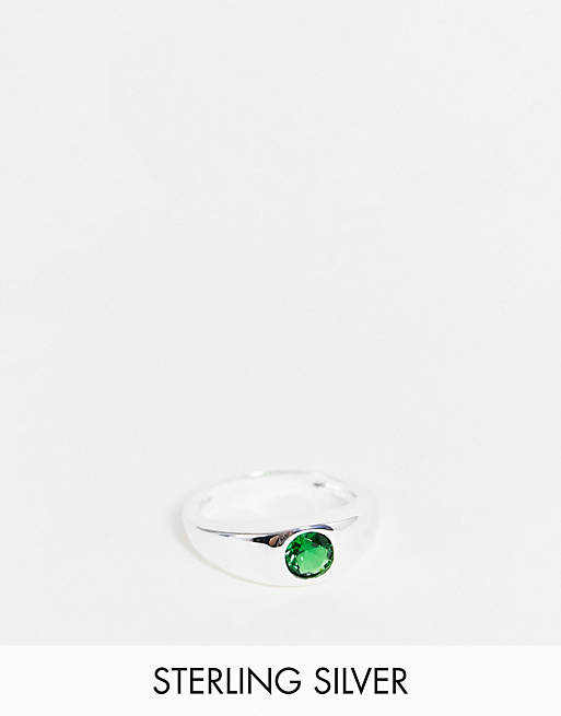 ASOS DESIGN sterling silver slim signet ring with green stone in burnished silver