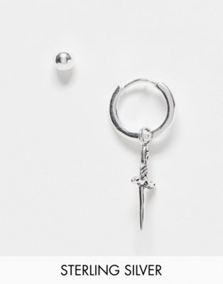 ASOS DESIGN sterling silver stud and dropped hoop earring with dagger in silver
