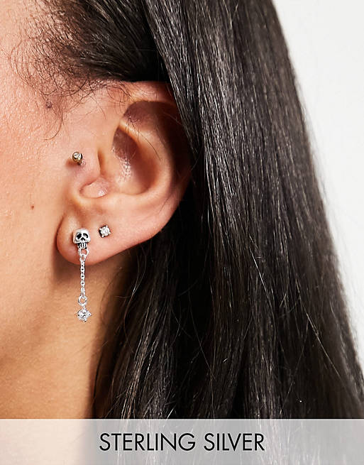 ASOS DESIGN sterling silver stud earrings with skull and chain crystal drop