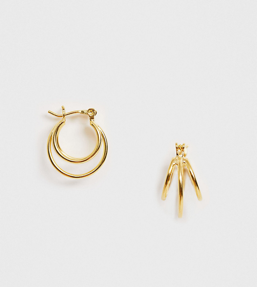 ASOS DESIGN sterling silver with gold plate hoop earrings in fine triple row design