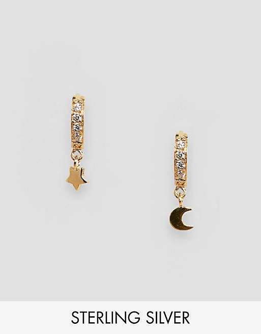 ASOS DESIGN Sterling silver with gold plate hoop earrings with celestial charms in crystal