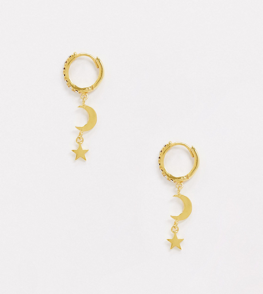 ASOS DESIGN sterling silver with gold plate hoop earrings with crystal moon and star drop