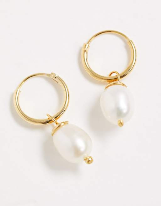 ASOS DESIGN sterling silver with gold plate hoop earrings with pearl charm, 2 of 4