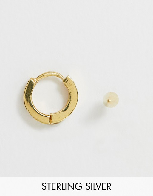 ASOS DESIGN Sterling silver with gold plate mismatch crystal huggie and spike stud earrings