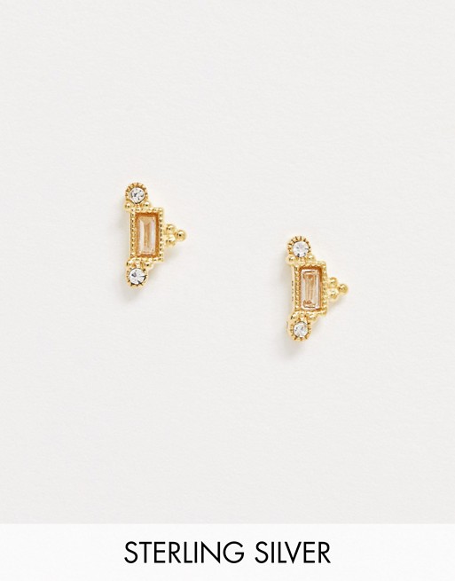 ASOS DESIGN sterling silver with gold plate stud earrings in engraved crystal rectangle design