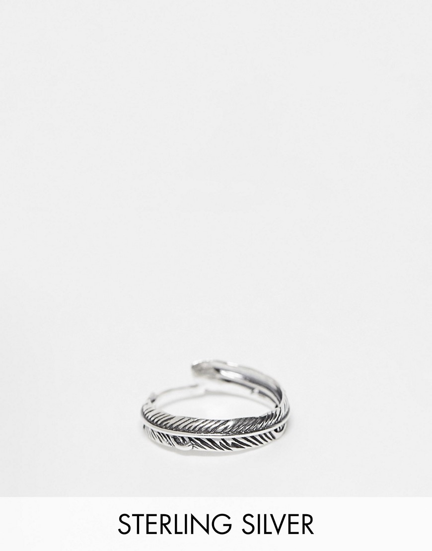 ASOS DESIGN sterling silver wraparound feather ring in burnished silver tone