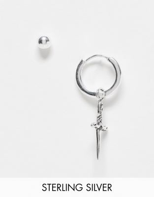 ASOS DESIGN - Sterling zilveren oorknopje en oorbel met dolkhangertje in zilver