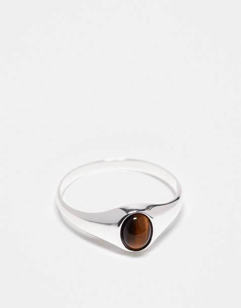 ASOS DESIGN - Sterling zilveren zegelring met halfedelsteen tijgeroog in zilver - view 1