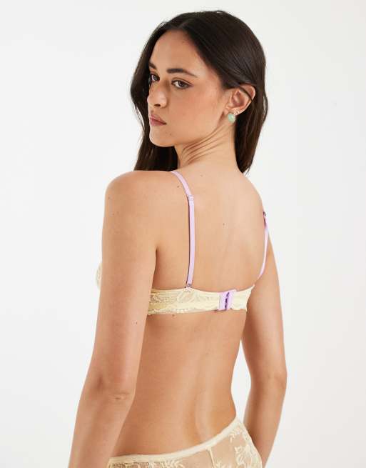 ASOS DESIGN – Stevie – Bügel-BH aus Spitze in Buttermilchgelb mit Kontrast-Besatz in Flieder, 4 von 4