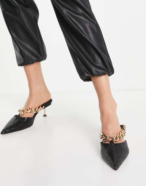 ASOS DESIGN - Stevie - Muiltjes met halfhoge hak en kettingdetail in zwart