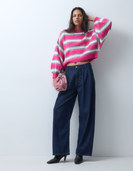 ASOS DESIGN stickad borstad randig tröja i rosa och grått, 2 av 9