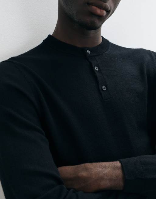 ASOS DESIGN stickad henley i merinoull, svart, 3 av 5