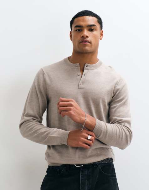 ASOS DESIGN stickad henley i taupe - view 1