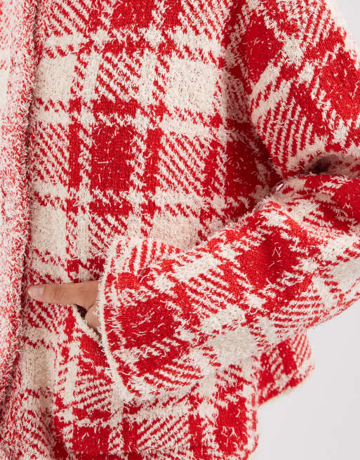 ASOS DESIGN stickad kofta i röd och naturvit ruta, 2 av 4