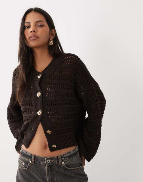 ASOS DESIGN stickad kofta med guldfärgade knappar i brun - view 1
