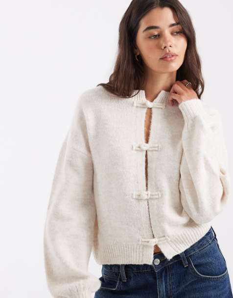 ASOS DESIGN stickad kofta med mandarin-krage i cream - view 1