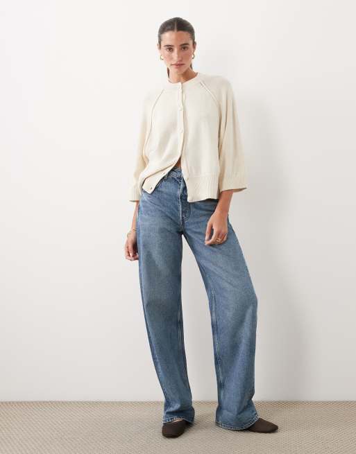 ASOS DESIGN stickad kofta med raglanärmar och detaljer i naturvit, 2 av 4