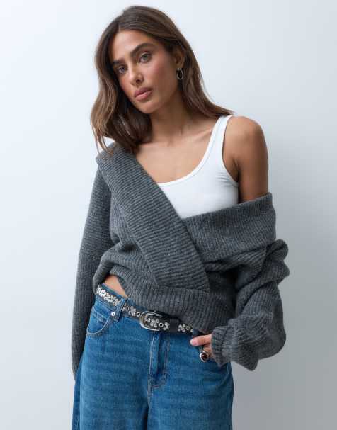 ASOS DESIGN stickad omlotttröja med drapering i charcoal - view 1