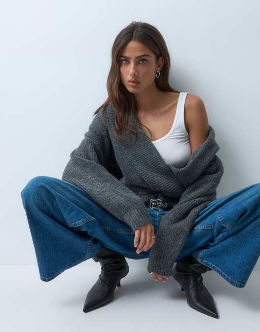 ASOS DESIGN stickad omlotttröja med drapering i charcoal, 5 av 5