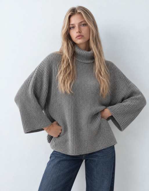 ASOS DESIGN stickad oversized ribbad capetopp med polokrage i kolgrå, 7 av 9