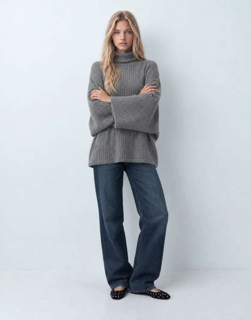 ASOS DESIGN stickad oversized ribbad capetopp med polokrage i kolgrå, 8 av 9